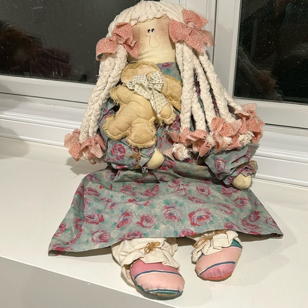Rag doll - vintage, country, primitive - girl with braided hair and bunny​